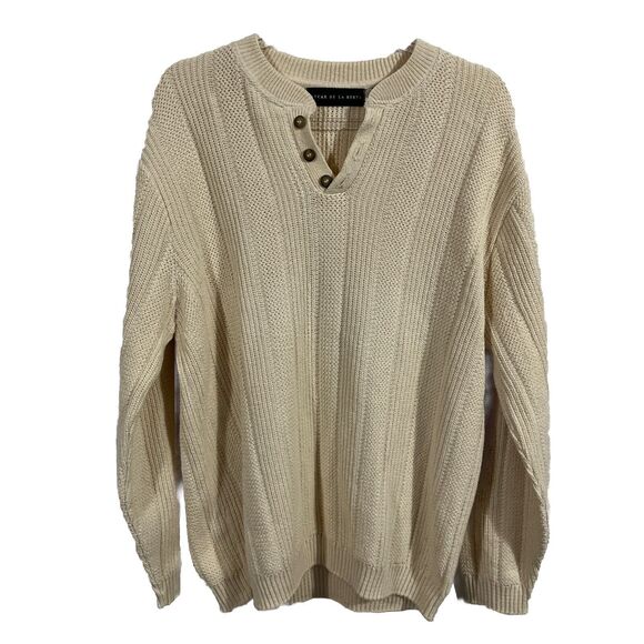 Oscar de la Renta Men's Crew Neck Cotton Cable Heavy Knit Sweater Cream Men's L - Picture 1 of 6